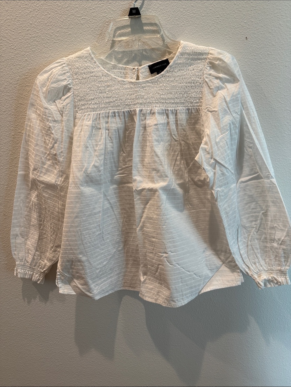 White Smocked Yoke Long Sleeve Blouse